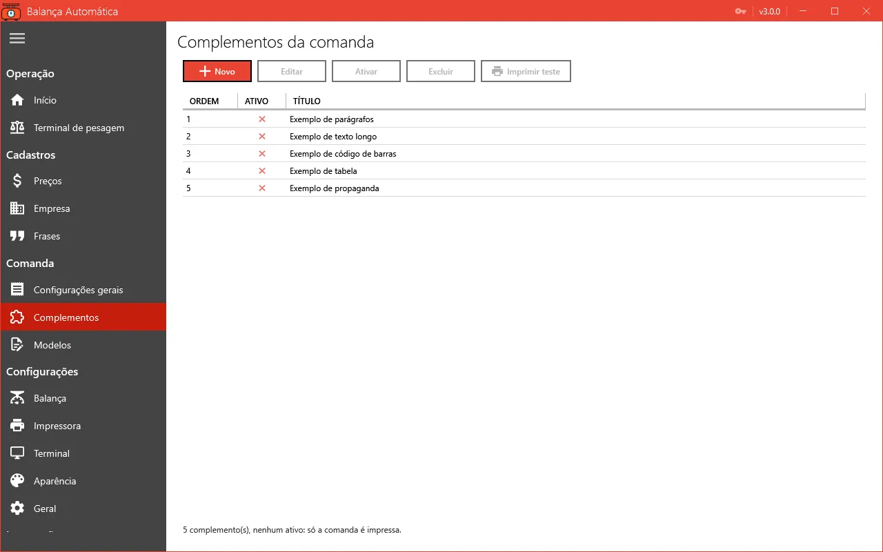 Tela Complementos da comanda