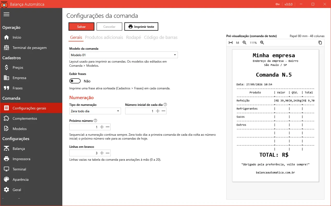 Tela Configurações da comanda