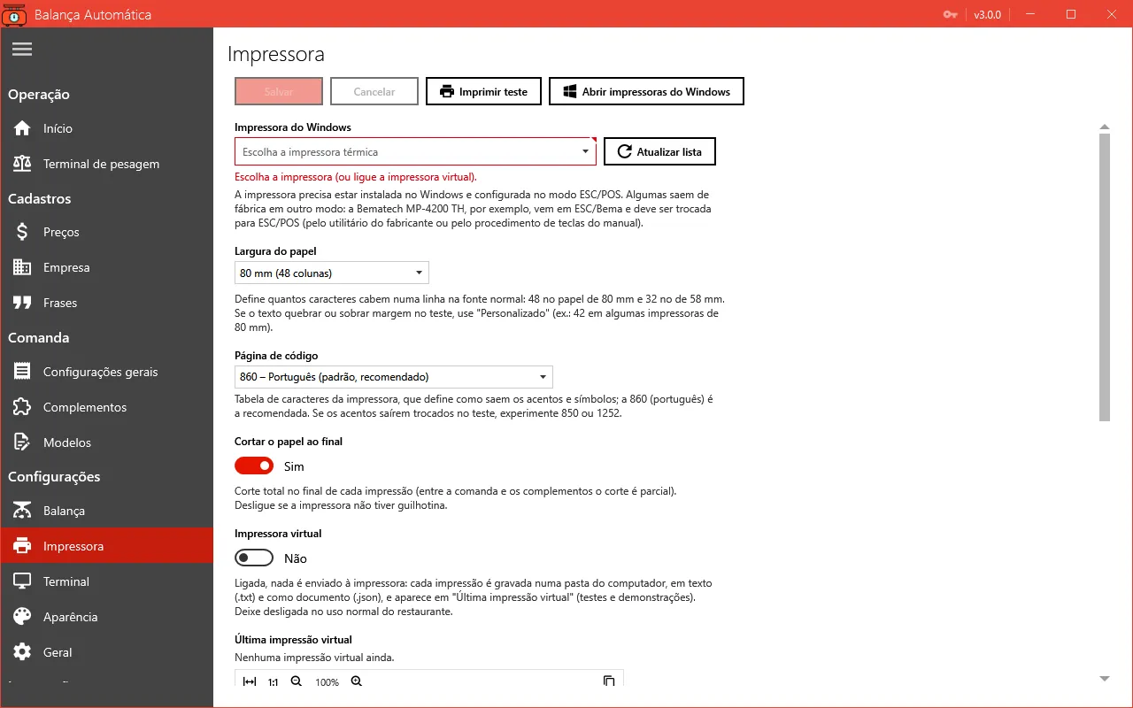 Tela de configuração da impressora