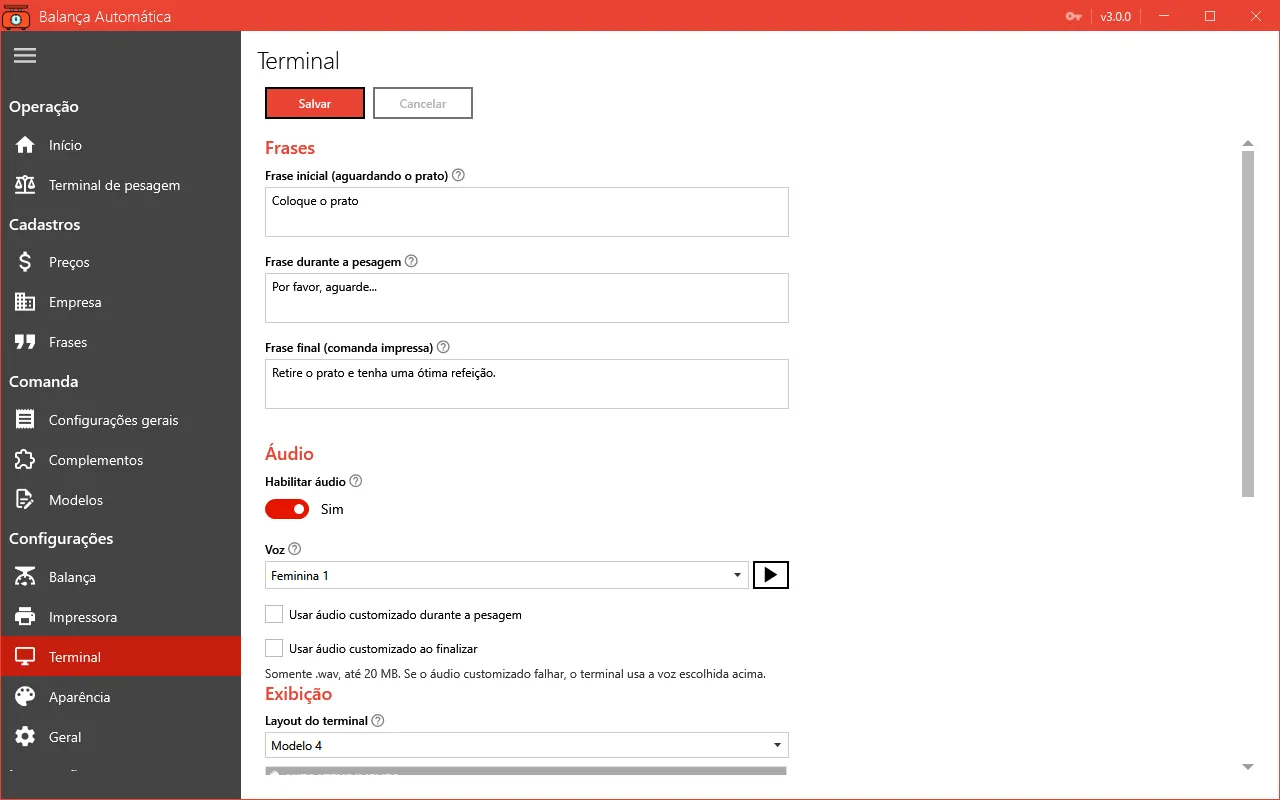Tela de configuração do terminal