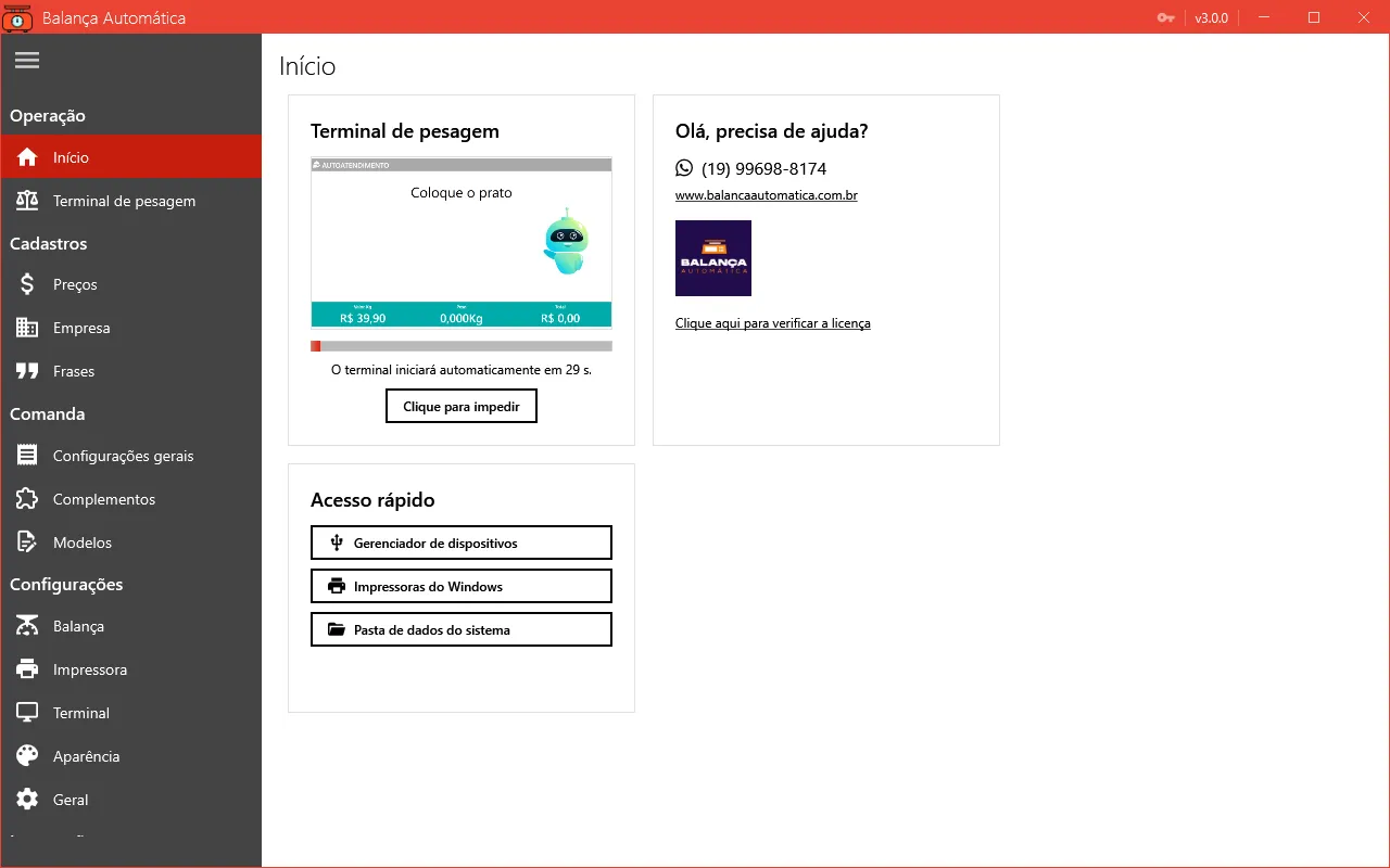 Tela Início da Balança Automática